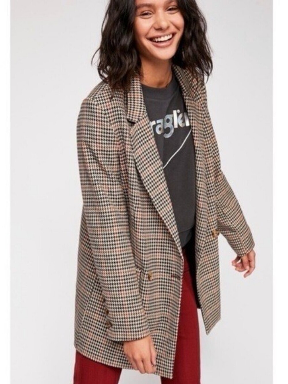 Free People Uptown Girl houndstooth blazer Small Brown Cream